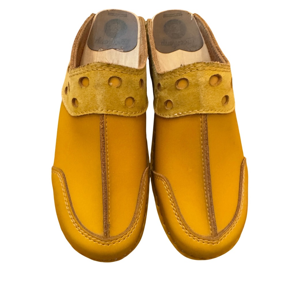 Troentorp Clogs Women 38 Yellow Leather Suede Wooden Swedish Mules Hand Crafted